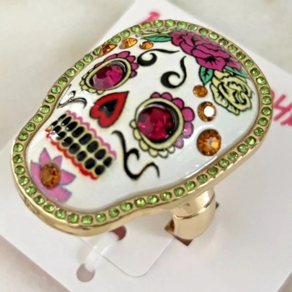 BETSEY JOHNSON SET Sugar Skull Day of the Dead Earrings Necklace Ring NEW NWT - Picture 2 of 16